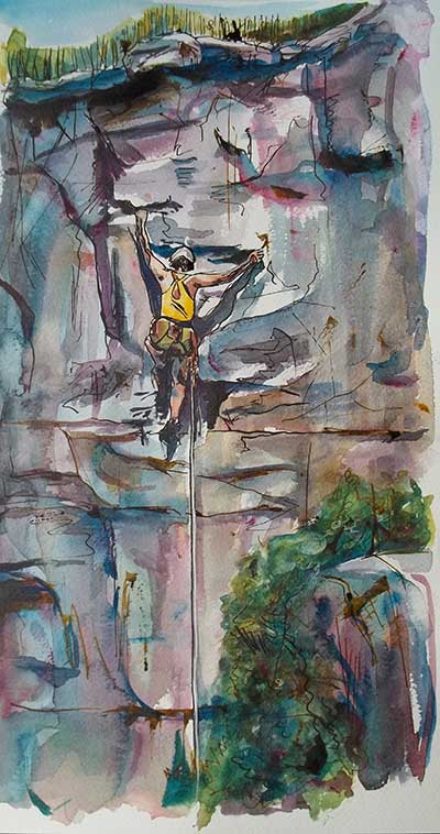 The Only Way is Up (Climber-Winspit.jpg), line and wash on paper, approx 40 x 20 